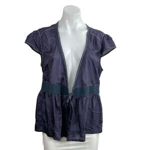 Jaloux 100% Silk Smocked Cap Sleeve Tie Waist Tunic Peplum Cardigan Blouse Top L